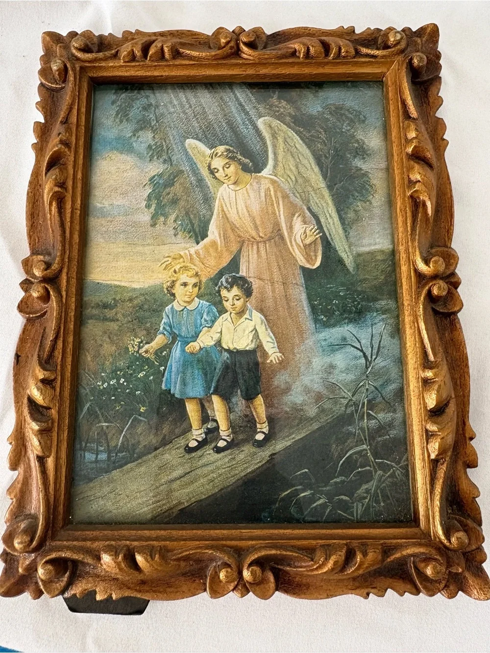 Vintage midcentury wood frame guardian angel foil print art children home decor